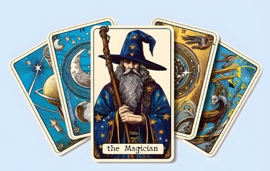 A collection of Tarot cards on light background, The Magician