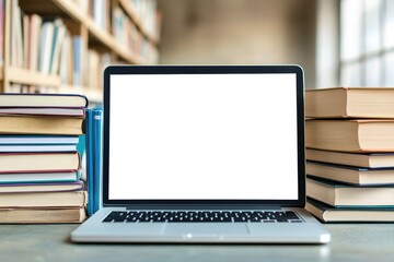 Laptop with Blank Screen Surrounded by Stacks of Books in a Library Setting
