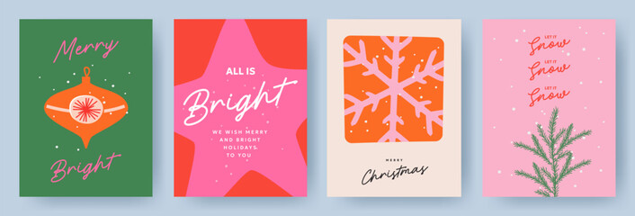Merry Christmas greeting card Set. Modern art Xmas design with typography and beautiful snowflakes, Christmas tree, toys and stars. Trendy hand drawn illustration for season banner, poster, cover