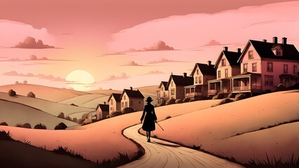 Fototapeta premium A woman walks down a road in front of a sunset