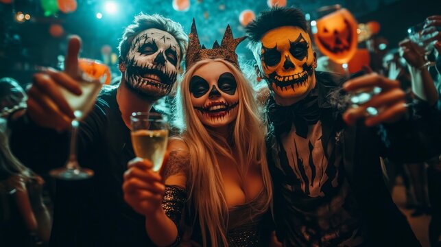People dance at Halloween party with champagne glasses. Friends in the costumes in nightclub