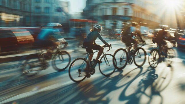 Group of cyclists riding quickly in an urban street during sunset, capturing the dynamic energy and movement of city life.
