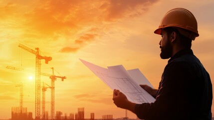 A construction worker examines blueprints at sunset, symbolizing hard work and planning in the construction industry.