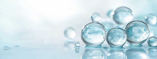  Group of water bubbles atop blue-white background, reflecting in bubble-mirrored water below