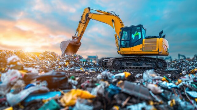 Excavator working at a landfill site during sunset, highlighting industrial waste management and environmental impact.