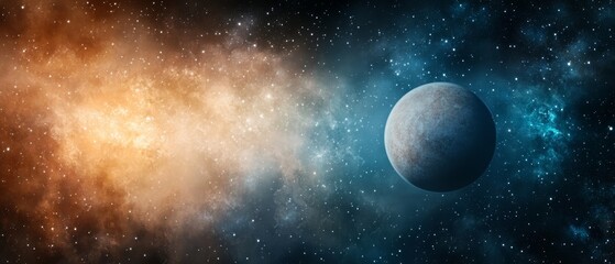 A stunning cosmic scene featuring a planet amidst vibrant gas clouds and twinkling stars, showcasing the beauty of the universe.