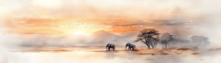 A tranquil scene featuring elephants walking under a stunning sunset, showcasing nature's beauty and wildlife serenity.