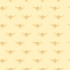 Gold Magic lamp or Aladdin lamp icon isolated seamless pattern on yellow background