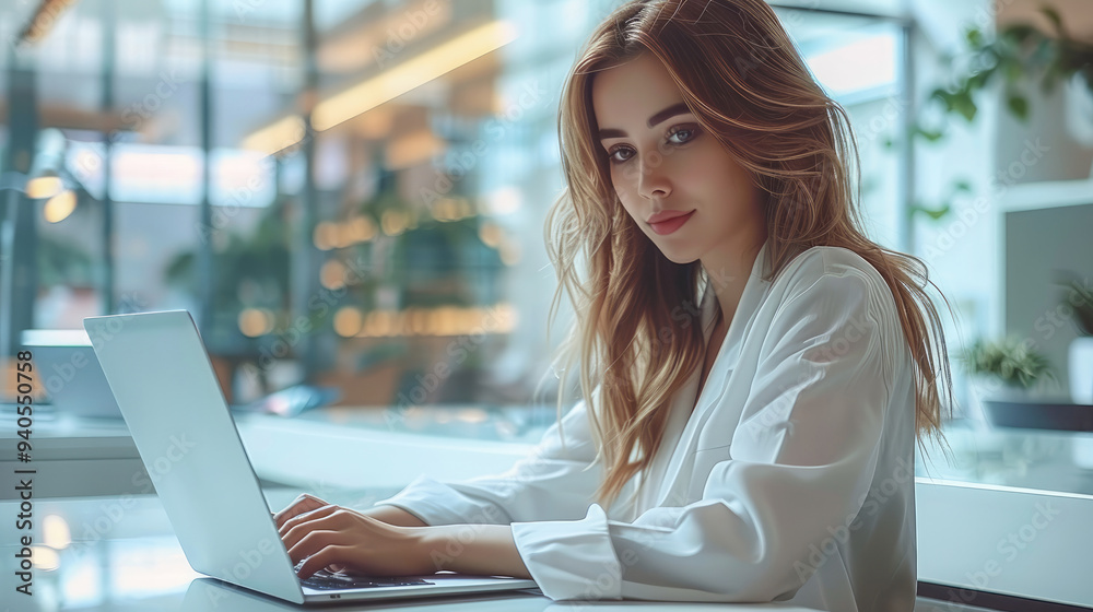 Canvas Prints Professional female employee using laptop in modern minimalist office. Generative AI.