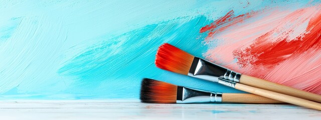 Obraz premium A pair of brushes atop blue and red paint smears, one bearing red, the other white