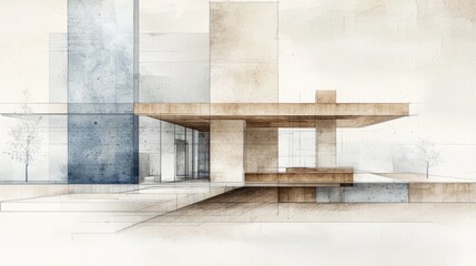 Modern architectural design featuring unique geometric shapes and soft color tones, creating an artistic blend of structure and style.