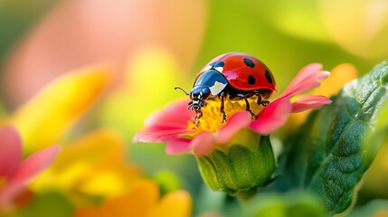 A vibrant ladybug rests on a flower, highlighting nature's beauty amid lush greenery.
