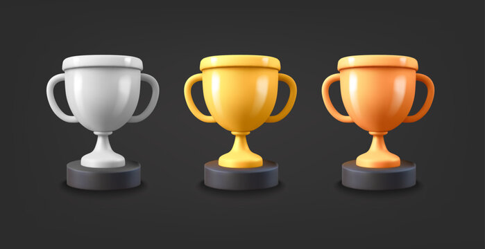 Shining metal trophy set. 3d vector objects on dark background