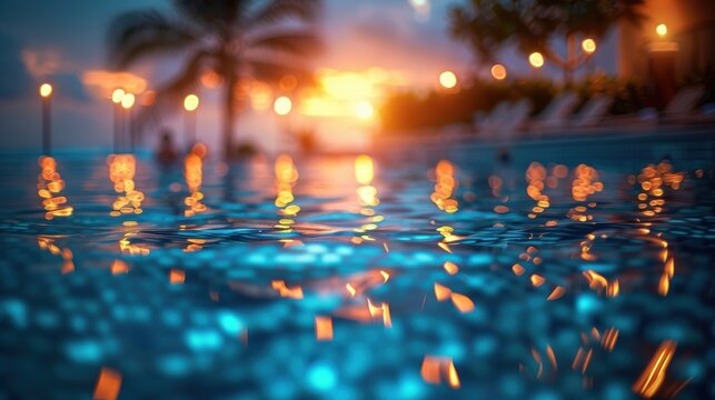 Serene evening poolside scene with bokeh lights reflecting on the water, creating a tranquil and romantic ambiance.