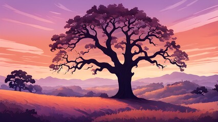 A large tree stands in a field with a beautiful sunset in the background