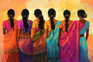 Obraz premium Back view of women in colorful traditional saris