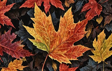 Fototapeta premium wallpaper representing autumn leaves, on a super detailed black relief background.
