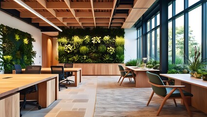 Fototapeta premium Immerse yourself in the calming essence of nature with this biophilic office interior design. combining natural materials with abundant greenery to create a tranquil, energizing workspace.