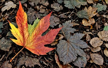 wallpaper representing autumn leaves, on a super detailed black relief background.
