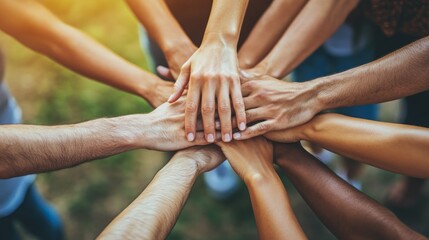 Group, business people and hands in stack for teamwork, collaboration or diversity in workplace community. Crowd, above or solidarity at company office for staff commitment, together for support
