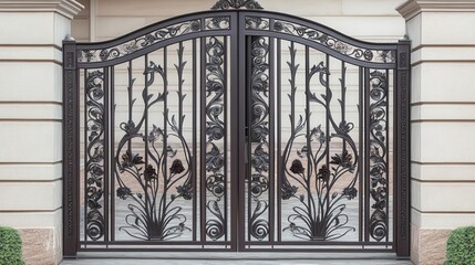 An intricate Art Nouveau gate design with flowing lines and floral details, Art Nouveau, gate, ornamental