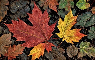 wallpaper representing autumn leaves, on a super detailed black relief background.