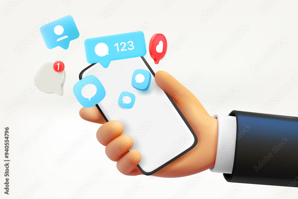 Poster Man using social media network with smartphone. 3d vector illustration