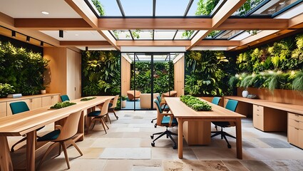 Fototapeta premium Immerse yourself in the calming essence of nature with this biophilic office interior design. combining natural materials with abundant greenery to create a tranquil, energizing workspace.