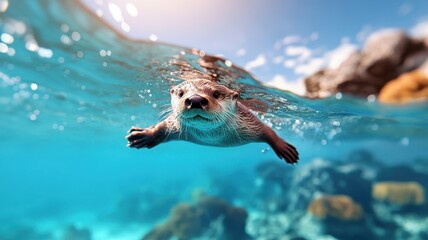 Obraz premium An otter diving into the sea, exploring vibrant coral reefs and marine life.