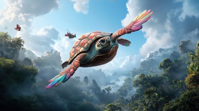 Rainbow-winged turtle flying through a magical, colorful landscape.