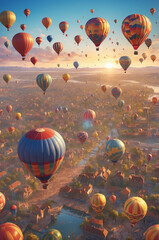 Naklejka premium epic landscape during sunset full of hot air balloons 