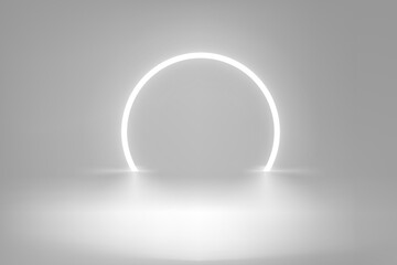 Product design template with grey showcase with neon frame. 3d vector showcase