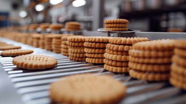 Modern line for bakery cookies. Food industry, biscuit production in factory on conveyor belt. Generative AI.