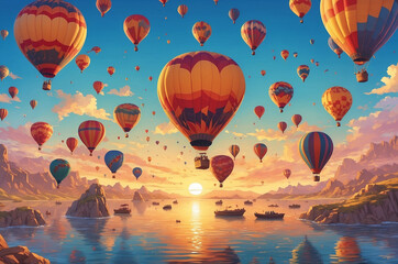 Fototapeta premium epic landscape during sunset full of hot air balloons 
