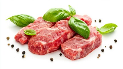 Fototapeta premium Fresh veal, green basil, white