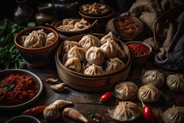 Dumplings and Momos Small Dough Pockets Filled with Various Ingredients Captured in Dark Photography Highlighting the Rich Textures and Flavors Perfect for Culinary Art and Food Promotions
