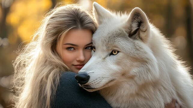 Woman with Blonde Hair Embracing a White Wolf