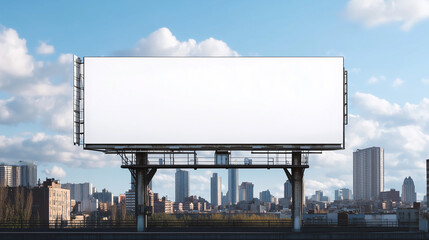 Huge plain blank white advertising billboard poster mock-up in front of the modern city buildings