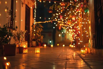 Diwali lights adorning street with festive lanterns and warm glo