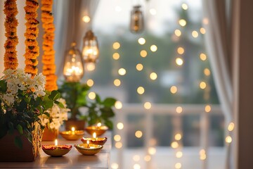 Diwali celebration with candles and flowers on window sill, boke