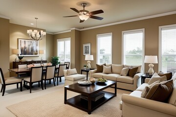 Fototapeta premium Inviting Beige Living Room Interior with Dining Area and Relaxation Corner