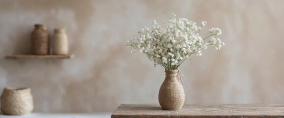 Rustic Cozy Vase with Baby's Breath Flowers on Wooden Table with
