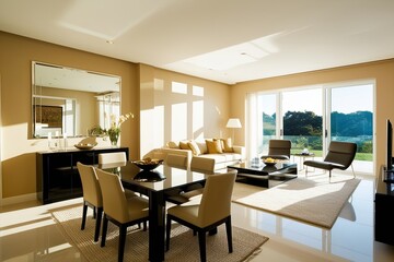 Fototapeta premium Glossy Beige Living Room with Modern Dining Table and Relaxation Zone Bathed in Sunlight