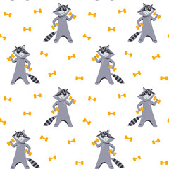 Vector seamless pattern with funny raccoons playing sports with a dumbbells. Cute cartoon character training. Kids wallpaper with nice animals. Texture for textile for children.
