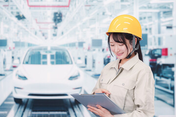 自動車工場の生産ラインで働く若い女性