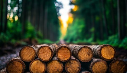 A serene view of stacked timber logs in a lush, green forest, illuminated by soft natural light through the trees.