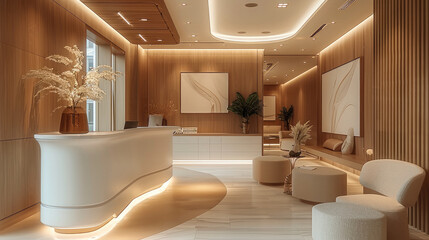 A modern clinic interior design with warm feeling, wood and soft color, high end hotel feeling. Generative AI.