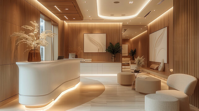 A modern clinic interior design with warm feeling, wood and soft color, high end hotel feeling. Generative AI.