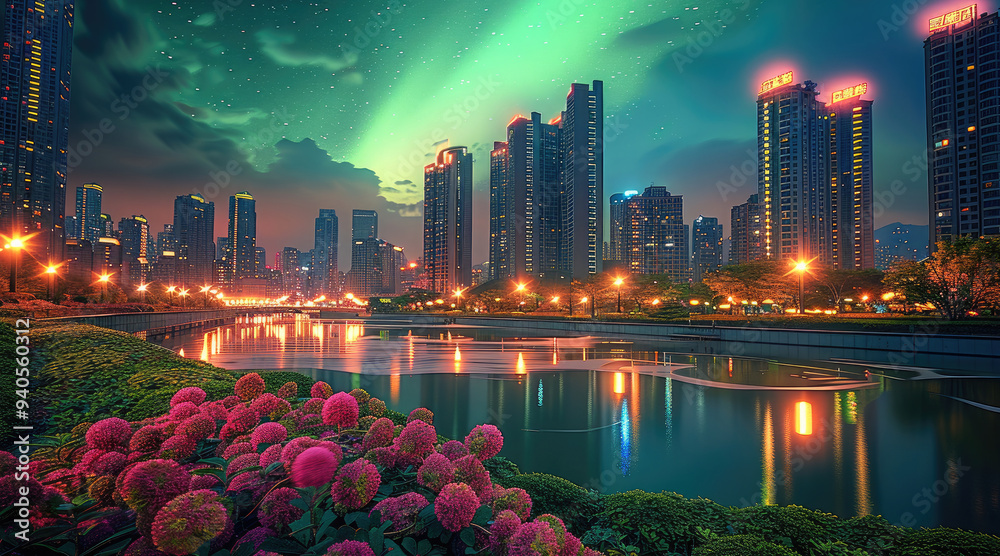 Aufkleber the colorful aurora over the modern buildings of the city skyline could be seen at night. figured wi