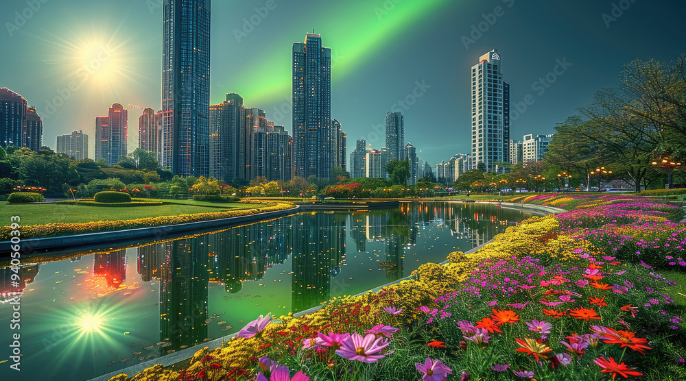 Aufkleber the colorful aurora over the modern buildings of the city skyline could be seen at night. figured wi